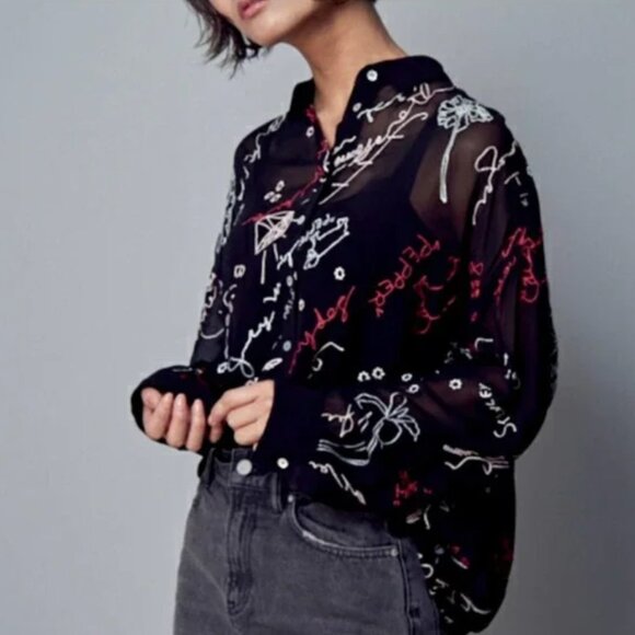 ALLSAINTS NWOT SM KYRA GRAFF SHIRT SHEER GRAFFITI BUTTON FRONT BLACK RED WHITE - Picture 4 of 7